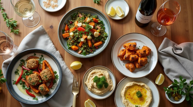 Kategoriebild Vegan und Wein Vogelperspektive auf vegane Gerichte mit Gemüse, Linsen, Tofu und Weingläsern mit veganem Wein