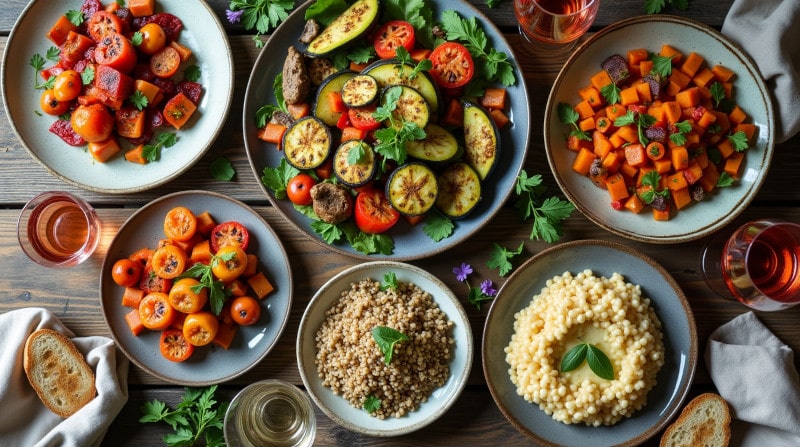 Kategoriebild Vegetarisch und Wein Vogelperspektive auf vegetarische Gerichte mit frischem Gemüse und Weingläsern, elegant angerichtet