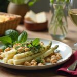 Rezeptidee Wein zum Essen Weißer Spargel mit Bärlauch-Pesto und gerösteten Haselnüssen, serviert mit Grünem Veltliner