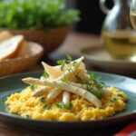 Rezeptidee Wein zum Essen Weißer Spargel mit Safran-Risotto und einem Glas Weisswein