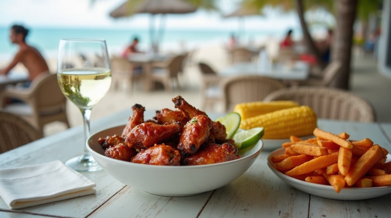 Rezeptidee Wein zum Essen BBQ Chicken Wings mit Ananas-Chili-Glasur auf Holzbrett, serviert mit Gewürztraminer