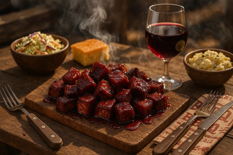 Rezeptidee Wein zum Essen Brisket Burnt Ends mit süß-scharfer Glasur auf Holzbrett, serviert mit Malbec