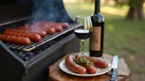 Rezeptidee Wein zum Essen Chorizo a la Parrilla mit Chimichurri, serviert mit Malbec