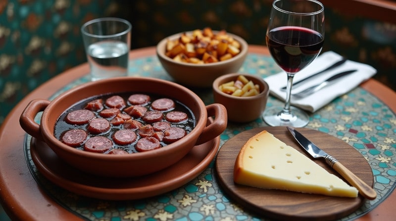 Rezeptidee Wein zum Essen Chorizo in Rotwein geschmort mit einem Glas Tempranillo