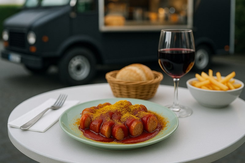 Rezeptidee Wein zum Essen Currywurst vom Grill mit rauchigem Tomaten-Chili-Ketchup kombiniert die Würze gegrillter Bratwürste mit einer pikanten, selbstgemachten Sauce. Serviert mit einem Dornfelder aus der Pfalz entsteht ein harmonisches Geschmackserlebnis, das rustikale Aromen mit deutscher Finesse verbindet. Ein ideales Gericht für gesellige Grillabende und Streetfood-Fans