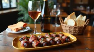 Rezeptidee Wein zum Essen Datteln im Speckmantel mit Rosmarin und ein Glas Rosado