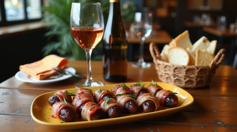 Rezeptidee Wein zum Essen Datteln im Speckmantel mit Rosmarin und ein Glas Rosado