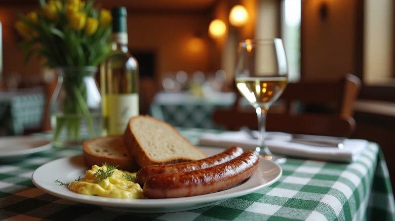 Rezeptidee Wein zum Essen Gegrillte Frankfurter Würstchen mit Senf und Brot, serviert mit Grüner Veltliner Wein