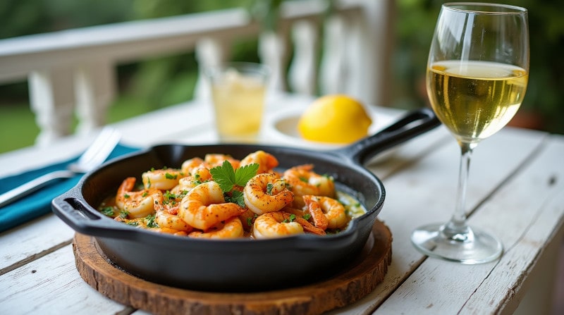 Rezeptidee Wein zum Essen Marinierte Garnelen mit Knoblauch, Chili und einem Glas Weisswein