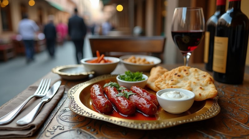 Rezeptidee Wein zum Essen Merguez mit Harissa und Fladenbrot, serviert mit Côtes du Rhône Villages Rotwein