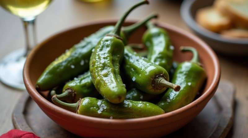 Rezeptidee Wein zum Essen Pimientos de Padrón mit Meersalz und ein Glas Verdejo