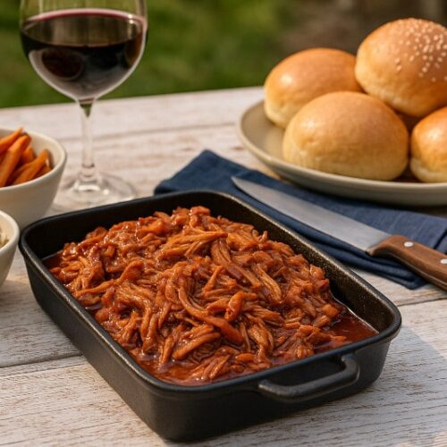 Rezeptidee Wein zum Essen Pulled Pork Burger mit Carolina-Vinegar-Sauce und Zinfandel