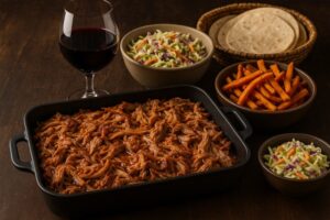 Rezeptidee Wein zum Essen Pulled Pork Burger mit Carolina-Vinegar-Sauce und Zinfandel