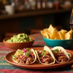 Rezeptidee Wein zum Essen Pulled Pork Tacos mit Chipotle-Slaw auf Holzbrett, serviert mit Garnacha