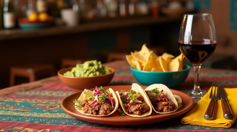 Rezeptidee Wein zum Essen Pulled Pork Tacos mit Chipotle-Slaw auf Holzbrett, serviert mit Garnacha