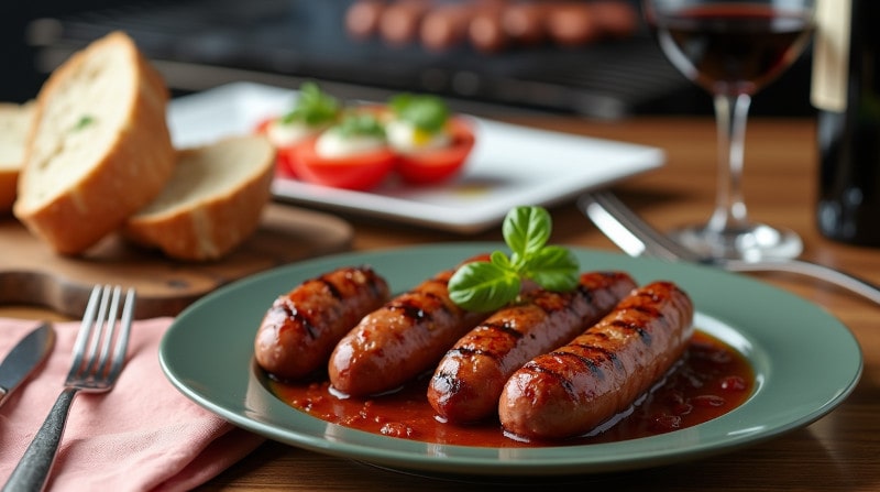 Rezeptidee Wein zum Essen Salsiccia vom Grill mit Fenchel und Kräutern, serviert mit Primitivo