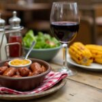 Rezeotidee Wein zum Essen Smoked Sausage mit Honig-Senf-Dip auf Holzbrett, serviert mit Côtes du Rhône Villages