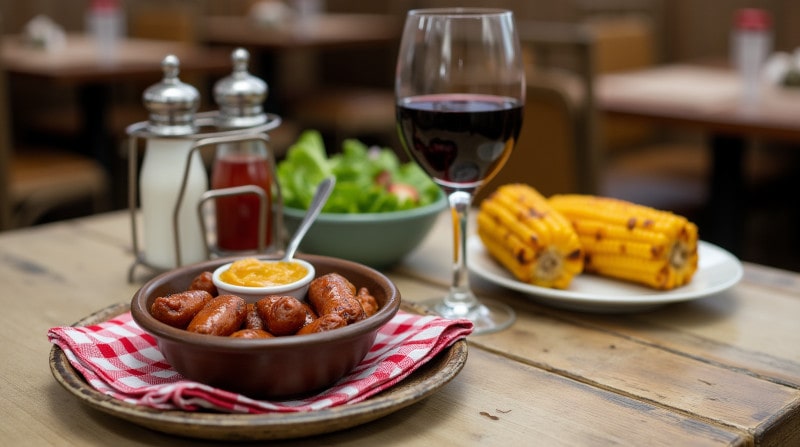 Rezeotidee Wein zum Essen Smoked Sausage mit Honig-Senf-Dip auf Holzbrett, serviert mit Côtes du Rhône Villages