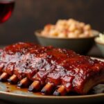 Rezeptidee Wein zum Essen Spareribs mit glänzender Honig-BBQ-Glasur auf rustikalem Holzbrett, serviert mit einem Glas Pinot Noir