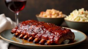 Rezeptidee Wein zum Essen Spareribs mit glänzender Honig-BBQ-Glasur auf rustikalem Holzbrett, serviert mit einem Glas Pinot Noir