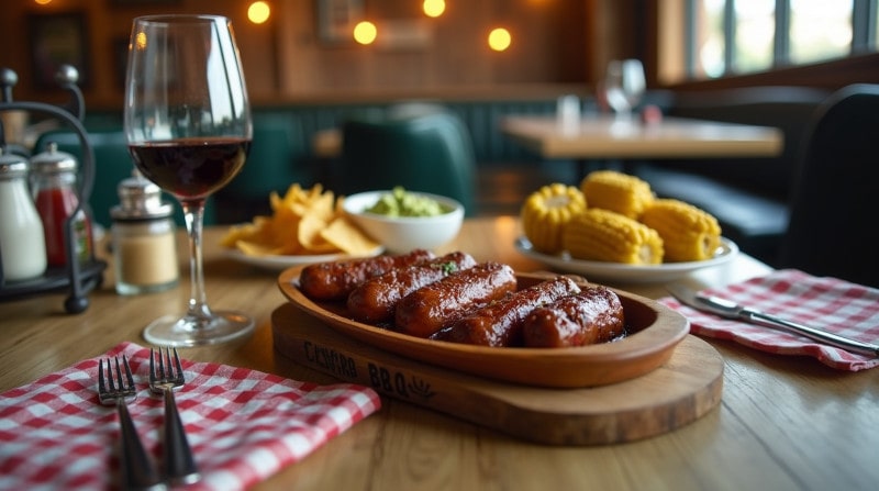 Rezeptidee Wein zum Essen Texas Hot Links mit scharfer BBQ-Sauce auf Holzbrett, serviert mit Zinfandel