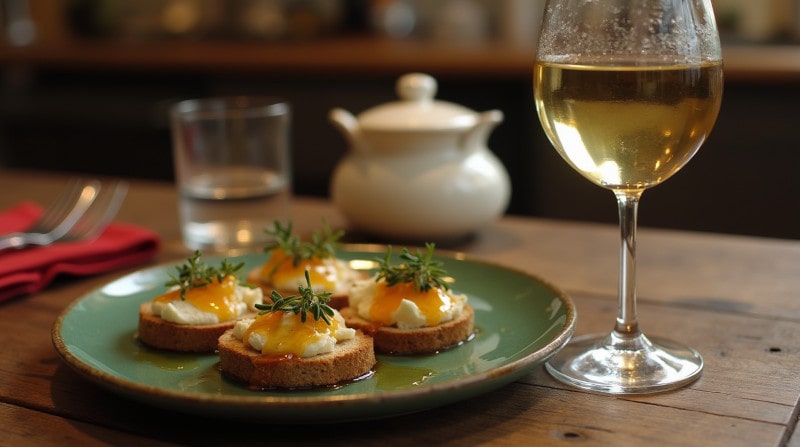 Rezeptidee Wein zum Essen Ziegenkäse-Crostini mit Honig und Thymian und einem Glas Sauvignon Blanc