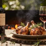 Rezeptidee Wein zum Essen BBQ Hähnchenkeulen mit Honig-Thymian Glasur und ein Glas Rotwein