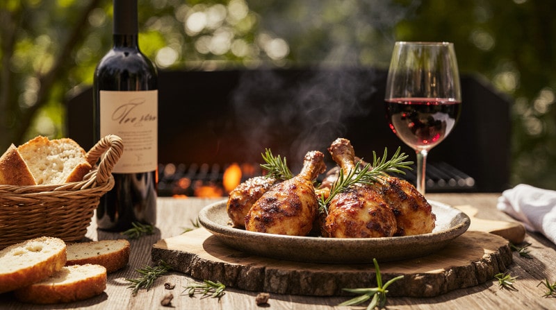 Rezeptidee Wein zum Essen BBQ Hähnchenkeulen mit Honig-Thymian Glasur und ein Glas Rotwein