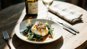 Rezeptidee Wein zum Essen Burrata mit gelber Paprika-Vinaigrette, Kerntopping und ein Glas Chenin Blanc