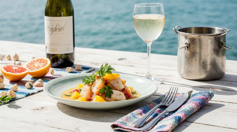 Rezeptidee Wein zum Essen Ceviche mit Grapefruit & Koriander und einem Glas Sauvignon Blanc
