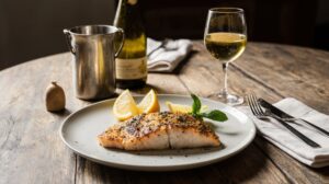 Rezeptidee Wein zum Essen Gegrillte Dorade, Zitronenblatt, Fischgericht mit Weißwein, mediterraner Teller und ein Glas Albariño