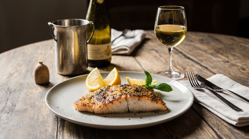 Rezeptidee Wein zum Essen Gegrillte Dorade, Zitronenblatt, Fischgericht mit Weißwein, mediterraner Teller und ein Glas Albariño