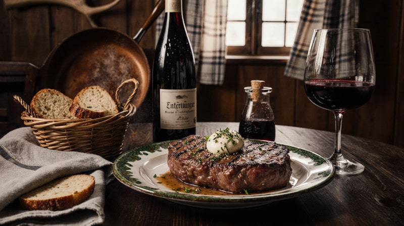 Rezeptidee Wein zum Essen Gegrilltes Entrecôte mit Kräuterbutter und Fleur de Sel und ein Glas Rotwein