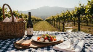 Rezeptidee Wein zum Essen Fregola-Salat mit Kirschtomaten und ein Glas Gavi di Gavi