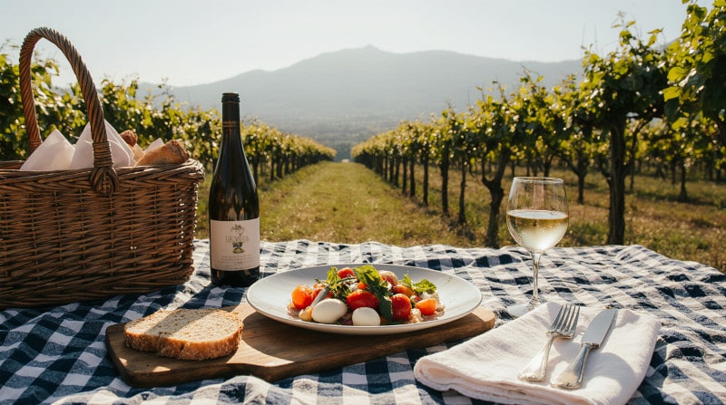 Rezeptidee Wein zum Essen Fregola-Salat mit Kirschtomaten und ein Glas Gavi di Gavi