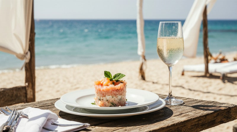 Rezeptidee Wein zum Essen Garnelen‑Tatar mit Grapefruit und Minze auf Teller und ein Glas Vermentino