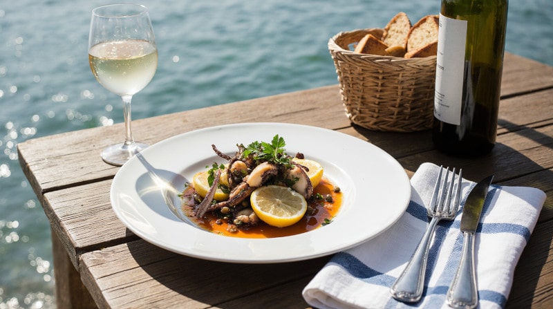 Rezeptidee Wein zum Essen Gegrillter Oktopus mit Zitrone, Kapern und Petersilie und ein Glas Assyrtiko