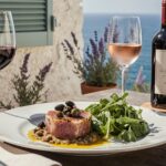 Rezeptidee Wein zum Essen Gegrillter Thunfisch mit Tapenade und Rucola auf Teller mit einem Glas Rotwein und einem Glas Rosé