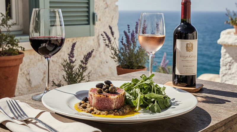 Rezeptidee Wein zum Essen Gegrillter Thunfisch mit Tapenade und Rucola auf Teller mit einem Glas Rotwein und einem Glas Rosé