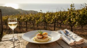 Rezeptidee Wein zum Essen Jakobsmuscheln auf Orangen-Fenchelpüree und ein Glas Picpoul de Pinet