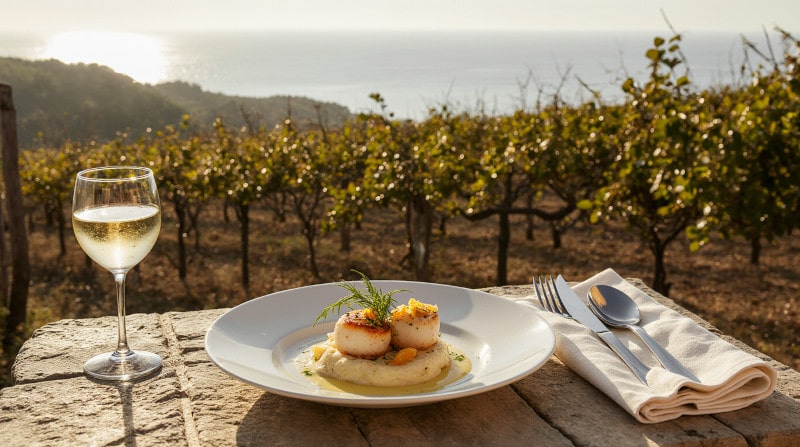 Rezeptidee Wein zum Essen Jakobsmuscheln auf Orangen-Fenchelpüree und ein Glas Picpoul de Pinet