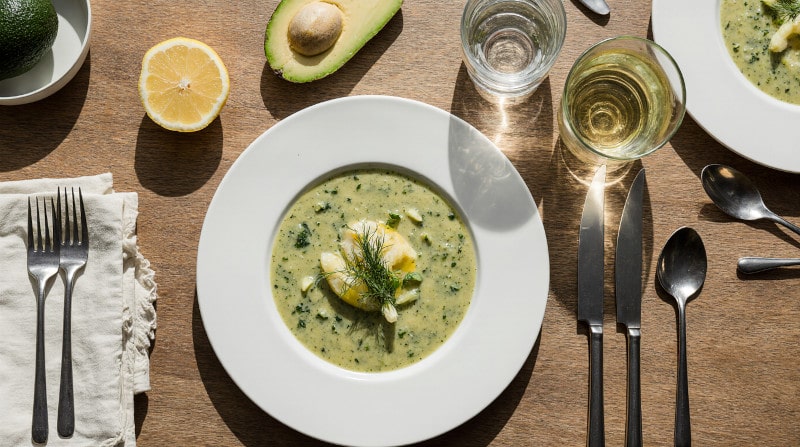 Rezeptidee Wein zum Essen Kalte Gurkensuppe mit Avocado, Dillöl und Grüner Veltliner – modern angerichtet
