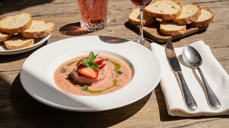 Rezeptidee Wein zum Essen Kalte Tomaten-Erdbeer-Gazpacho mit Basilikumöl und Roséwein serviert