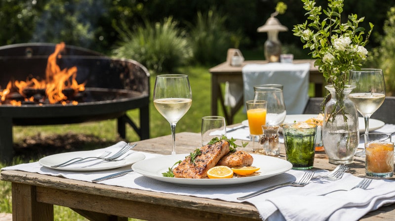 Rezeptidee Wein zum Essen Lachsfilet in Orangen-Senf-Marinade vom Grill und ein Glas Vermentino