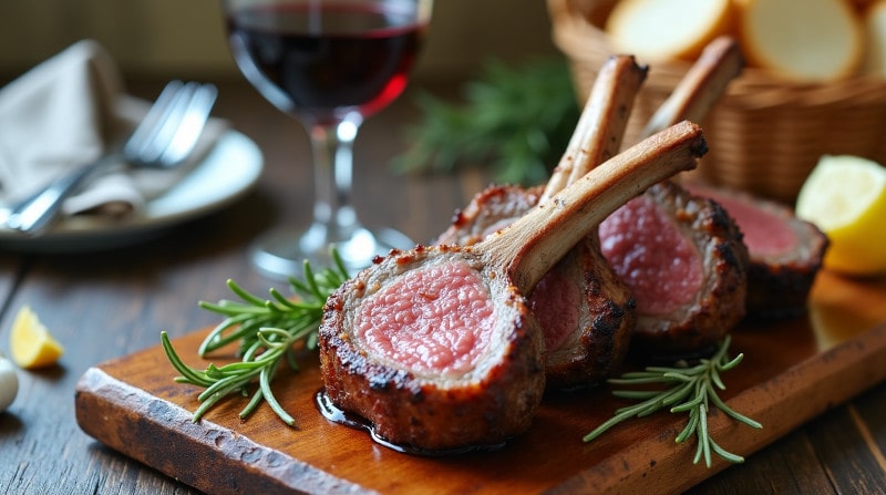 Rezeptidee Wein zum Essen Lammkoteletts mit Rosmarin und Knoblauch auf Holzbrett mit einem Glas Rotwein