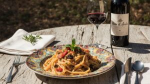 Rezeptidee Wein zum Essen Linguine mit Sardellen und ein Glas Nero d’Avola