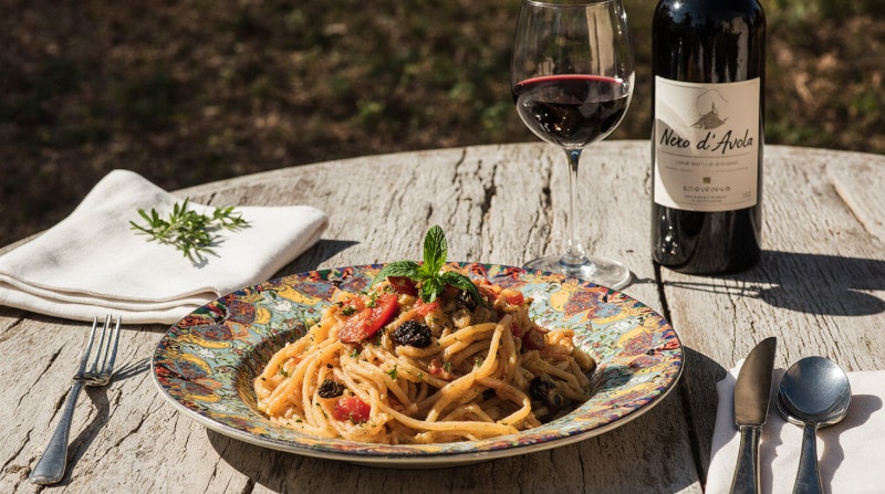 Rezeptidee Wein zum Essen Linguine mit Sardellen und ein Glas Nero d’Avola