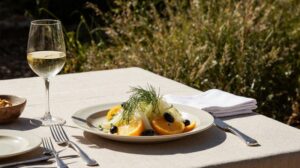 Rezeptidee Wein zum Essen Fenchelsalat mit Orange auf Keramikteller, mediterraner Tisch, Vermentino-Wein