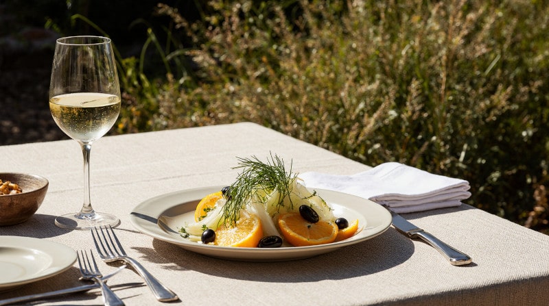Rezeptidee Wein zum Essen Fenchelsalat mit Orange auf Keramikteller, mediterraner Tisch, Vermentino-Wein