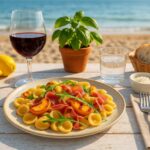 Rezeptidee Wein zum Essen Orecchiette mit Pfirsich, Parmaschinken, Rucola und ein Glas Nero d’Avola